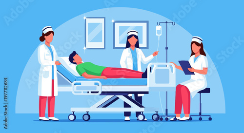 Medical, hospital, healthcare, vector illustration, doctors, nurses, patient, bed, treatment, care, blue background