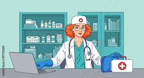 Female doctor, medical professional, healthcare worker, cartoon character, vector illustration