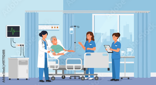 Medical professionals, hospital staff, doctor and nurses, healthcare team, blue scrubs, patient care, medical equipment, vector illustration