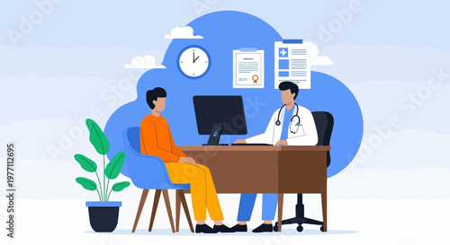 Medical consultation, doctor patient meeting, healthcare professionals, office discussion, vector illustration