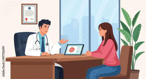 Doctor, patient consultation, medical office, healthcare professionals, woman, laptop, clinic, vector illustration