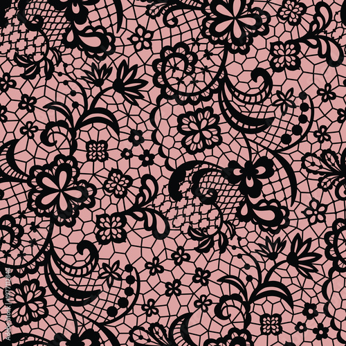 Elegant black lace seamless ornament with intricate floral details and mesh texture on a dusty beige background.