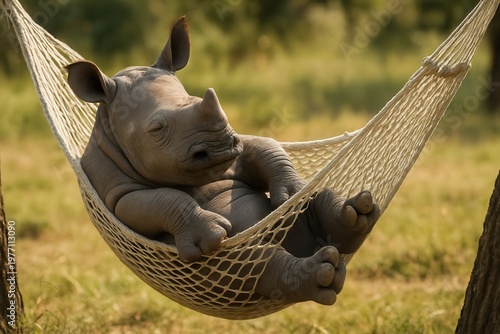 Baby rhino relaxing in hammock enjoying summer vacation