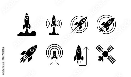 Rocket launch icons vector set space startup symbols communication signal satellite technology illustration modern flat collection