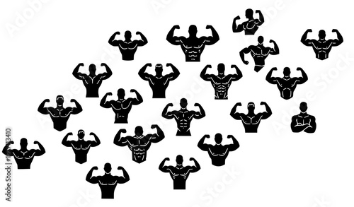 Collection of bodybuilding muscular man silhouettes in different poses for fitness gym and strength training design set