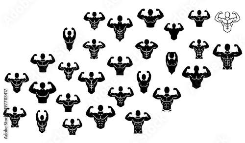 Set of bodybuilding fitness icons featuring muscular men silhouettes in different poses black flat design collection