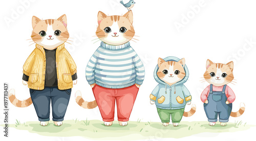 Cartoon cat family illustration set, anthropomorphic cats in clothing, playful animal artwork, group portrait design, whimsical feline characters, casual attire