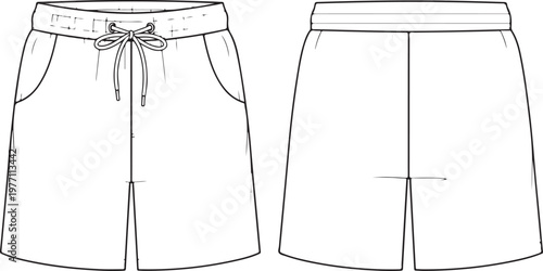 Male shorts technical drawing set featuring front and back views with elastic waistband and drawstring details for fashion design.
