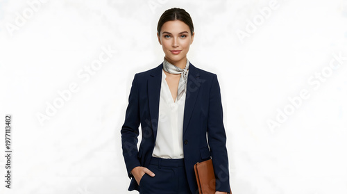 Confident Professional Businesswoman in Navy Suit Holding Folder