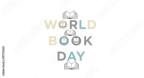 World Book Day light pastel-colored text design with an open book icon on an isolated white background.