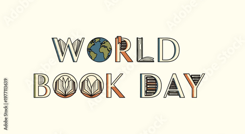 World Book Day clean outlined text design with a stylized globe and open book graphic on a light beige background.