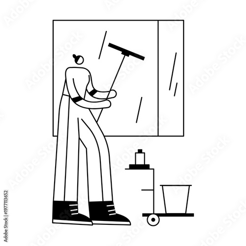 A sketchy illustration showing a character window cleaning