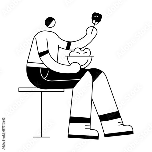 A hand drawn illustration showing a character eating salad