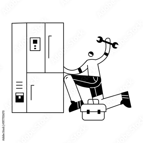 A doodle illustration depicting a character fridge repair