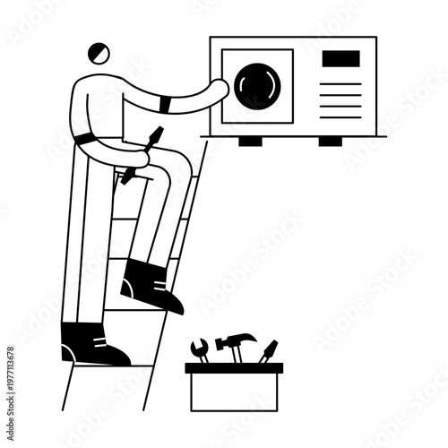 A hand drawn illustration showing a character ac installation