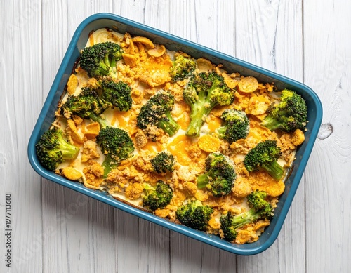Baked broccoli and casserole in rectangular dish