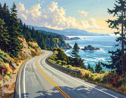 Winding coastal road meets ocean under fluffy clouds