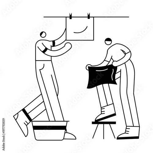 A hand drawn illustration showing two characters hanging clothes