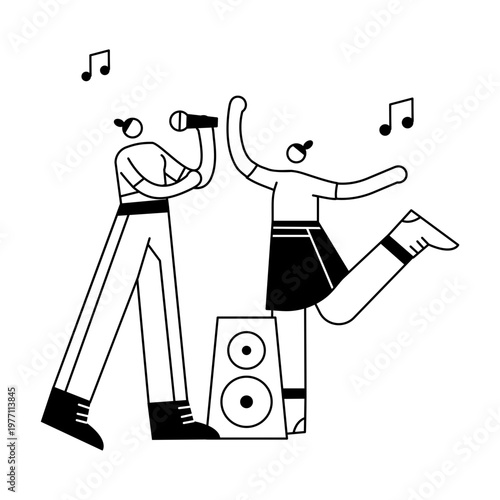 A doodle illustration depicting two characters enjoying music