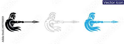 Spartan warrior throwing spear icon set on white background in black, Line art, And blue