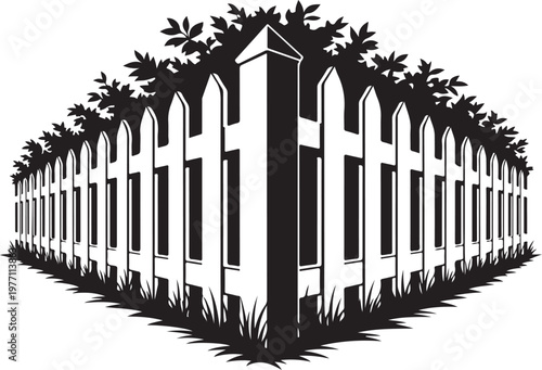 Picket fence perspective illustration with grass and leaves representing property boundary protection and outdoors.