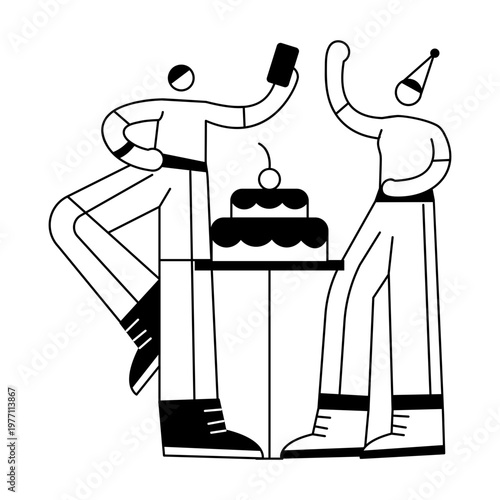 A hand drawn illustration showing friends enjoying birthday party