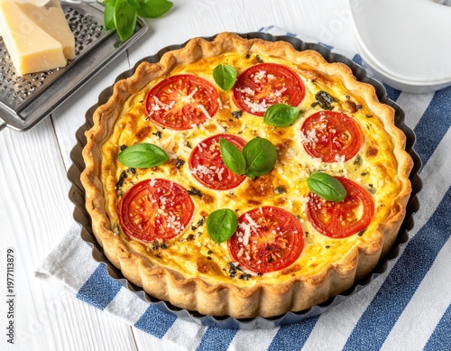 Savory quiche with tomatoes, basil, and cheese in tart pan