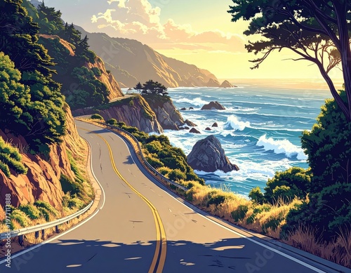 Winding coastal road at sunset