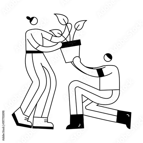 A doodle illustration depicting friends planting together