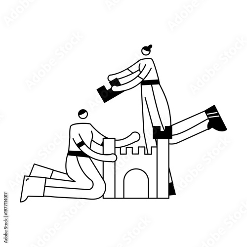 A doodle illustration depicting two characters building sand castle