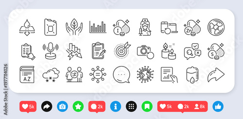 Aroma candle, Vocabulary and Recovery devices line icons pack. Social media: share, comment, like icons. Target purpose, Water resistant, Canister oil web icon. Vector