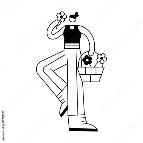 A hand drawn style illustration showing a character smelling flowers