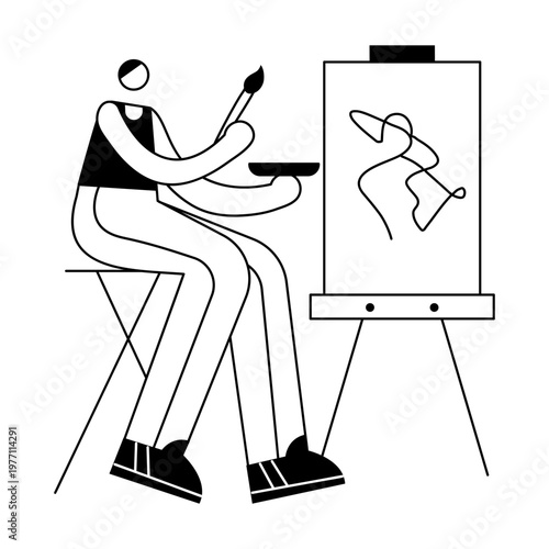 A hand drawn style illustration depicting a character painting on canvas
