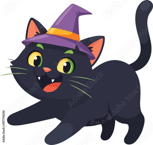 A cartoon black cat wearing a purple witch hat with orange band and green eyes on a white background.