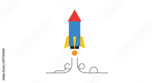 Colorful cartoon rocket ship launching against a white background