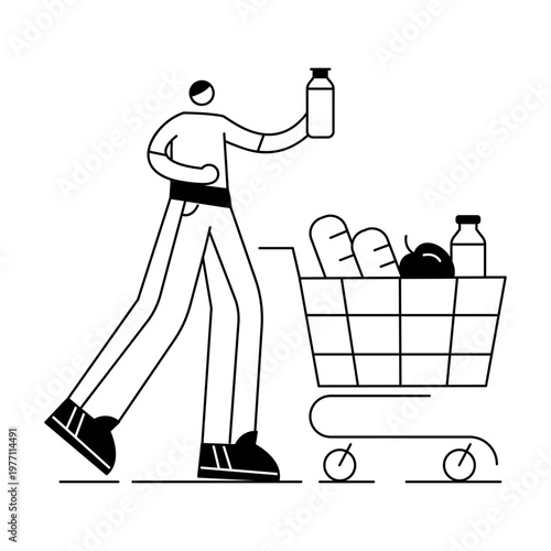 A doodle style illustration depicting a character doing grocery shopping