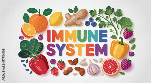 Colorful 3d text spelling immune system surrounded by fresh fruits vegetables and healthy snacks