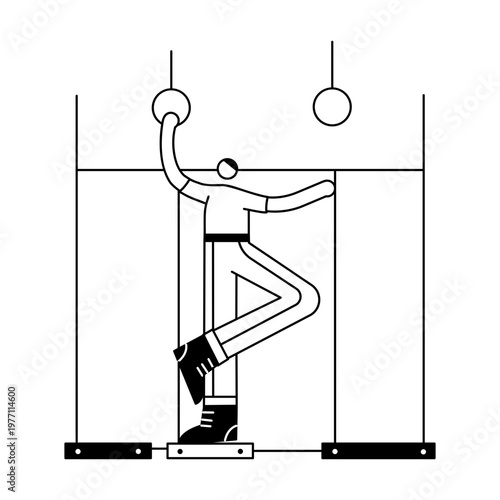 A sketchy style illustration showing a character hanging on gymnastic ring