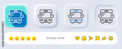 Bus transport line icon. Neumorphic, Flat shadow, 3d buttons. Transportation sign. Tourism or public vehicle symbol. Line bus icon. Social media icons. Vector