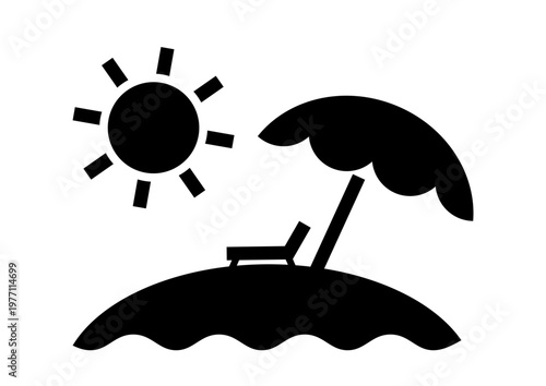 Island, travel, vacation, black symbol, beach umbrella, lounger and sun, vector icon