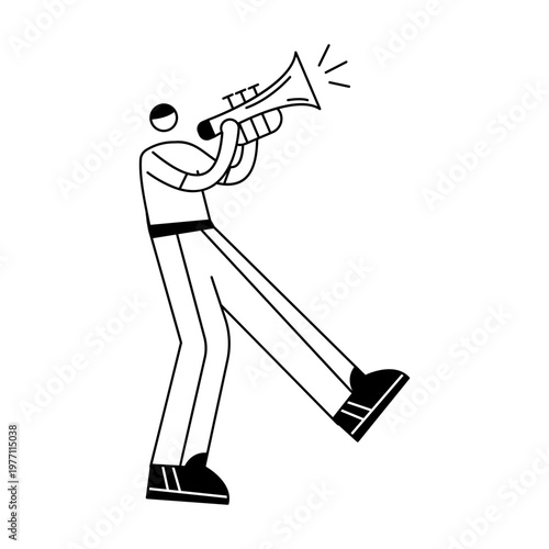 A hand drawn illustration showing a character blowing trumpet