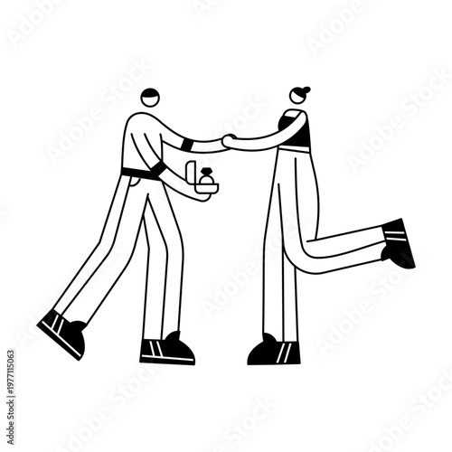 A hand drawn illustration showing a wedding proposal