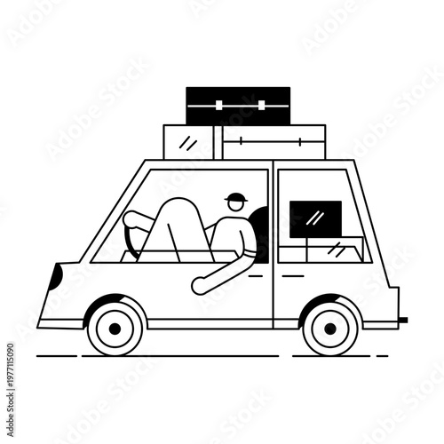 A doodle illustration depicting a character on road trip