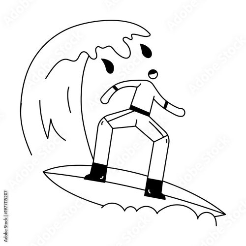 A sketchy illustration showing a surfing character