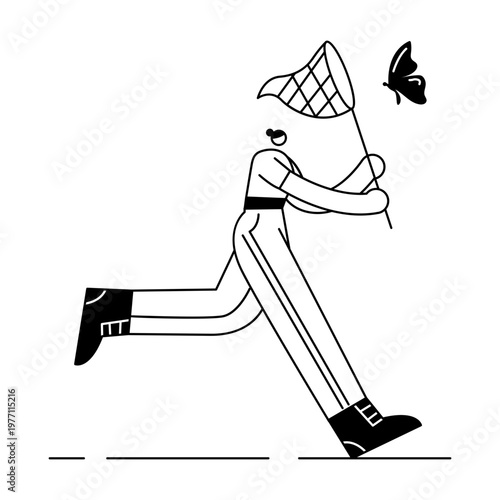 A hand drawn illustration showing a character catching butterfly