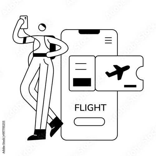 A hand drawn illustration showing a flight booking app