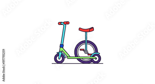 Colorful illustration of a scooter and unicycle on a clean white background