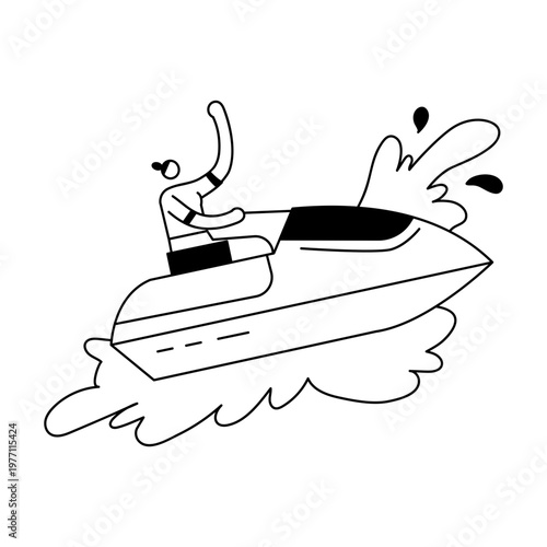A doodle illustration depicting a character riding jet ski