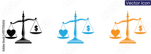 Scales of justice with heart and money on white background vector icon set