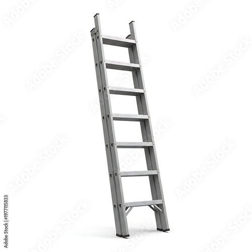 A sturdy silver metal ladder on white background for climbing and reaching high shelves on May Day or Worker Day